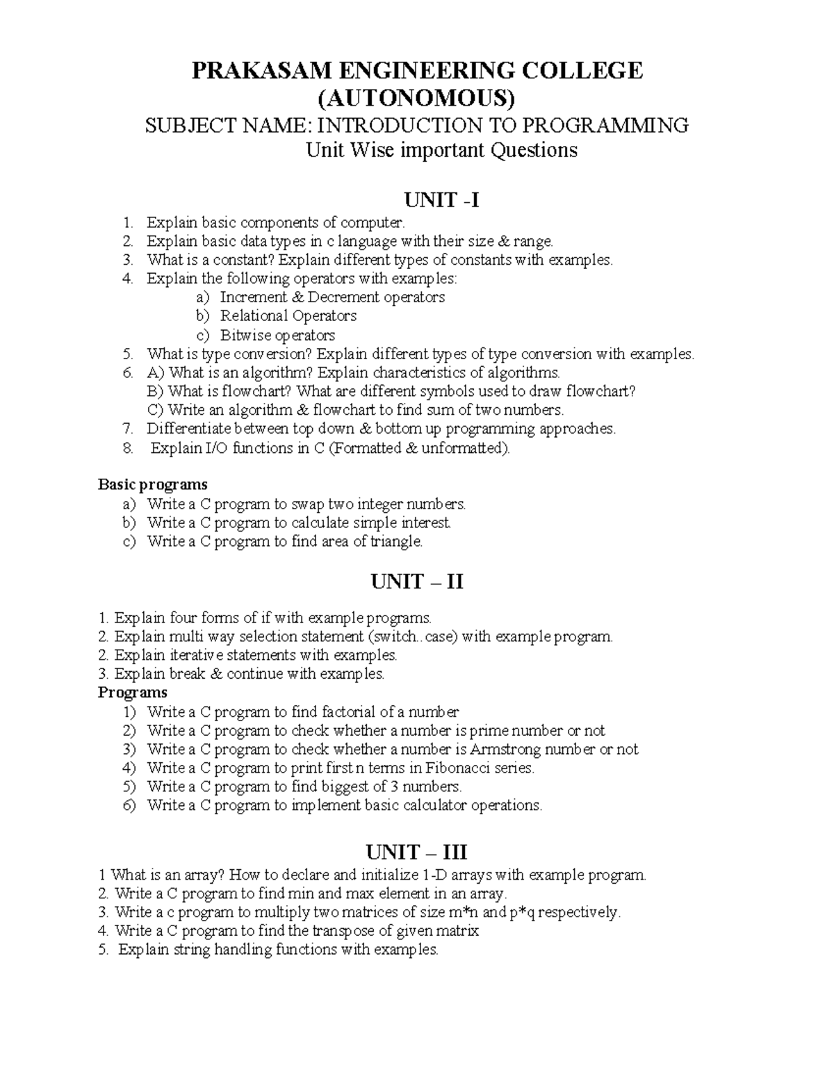 Computer Programming - UNIT WISE Question Bank (CSE 101) - Studocu