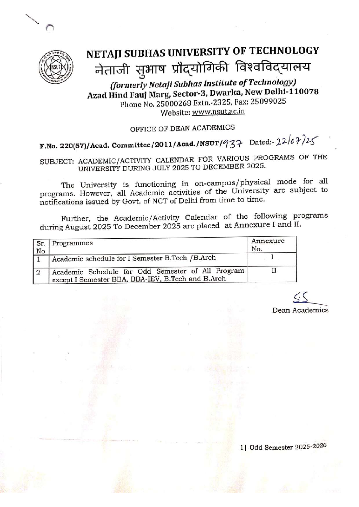 Academic Calendar for Odd Semester 2025-2026 - NSUT - Studocu