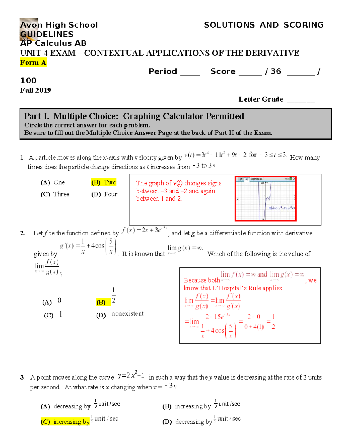 Unit 4 Exam Solutions: AP Calculus AB - Contextual Applications of ...