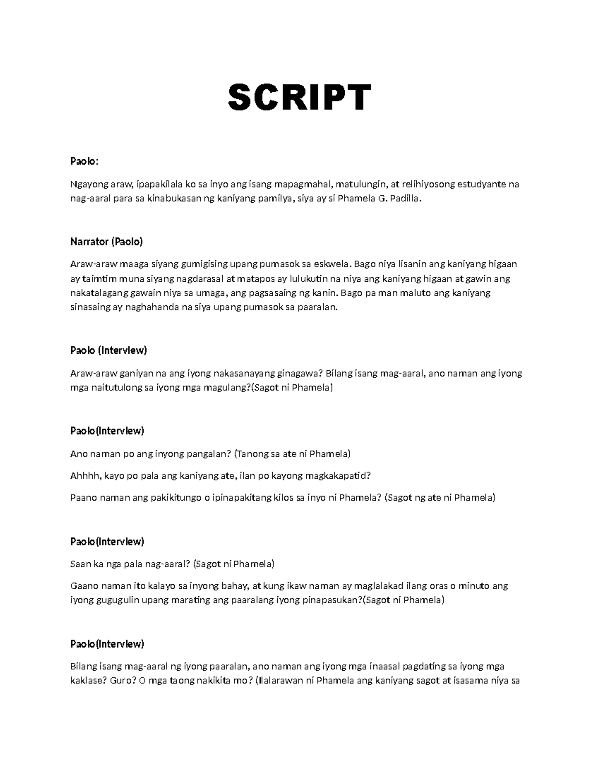 Script - Interview kay Phamela G. Padilla sa Kahalagahan ng Edukasyon ...