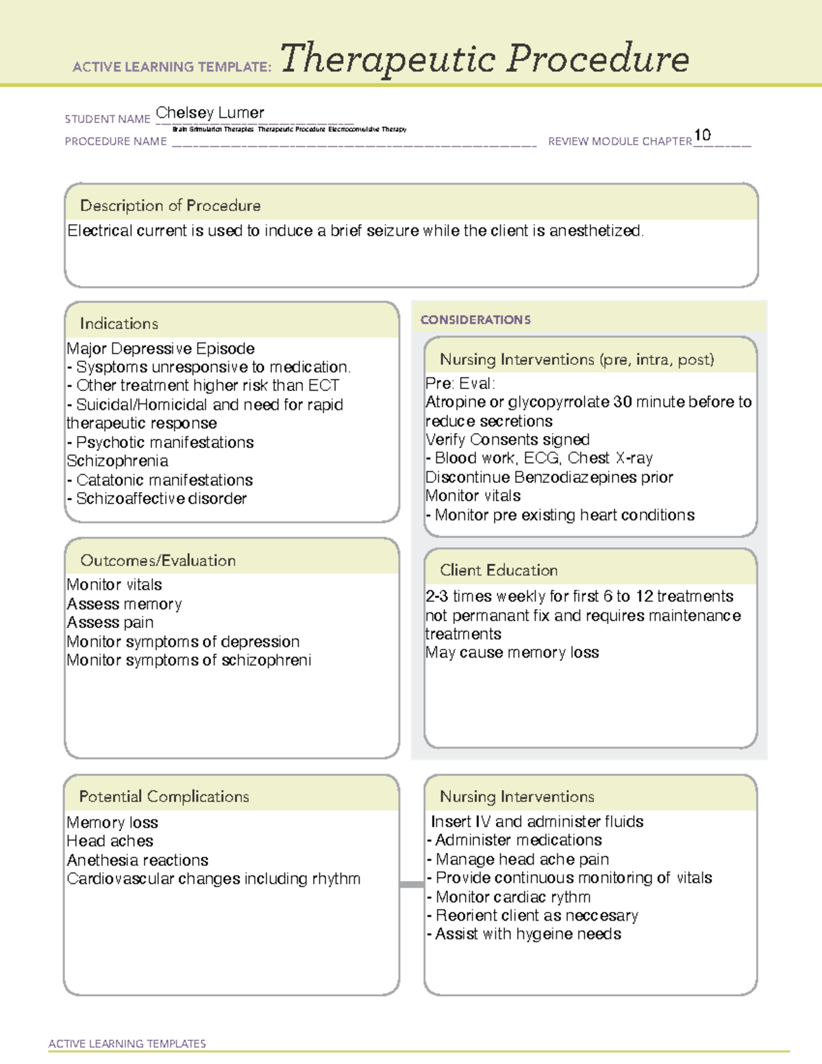 ACTIVE LEARNING TEMPLATE: ECT Procedure Review for Nursing (CH 10 ...