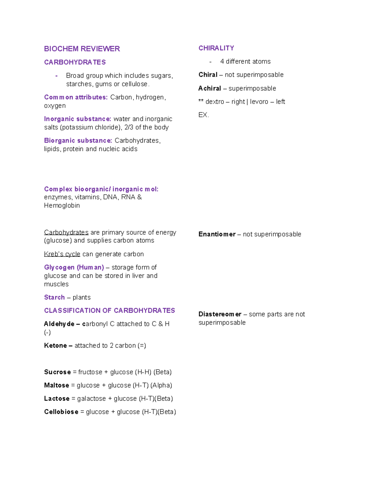 BIOCHEM 101: Comprehensive Review on Carbohydrates and Chiral Compounds ...