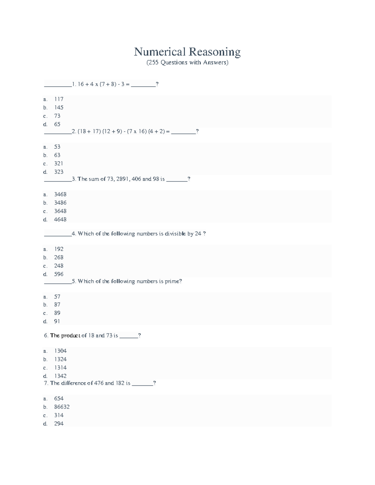 Numerical Reasoning Quiz (255 Qs & Answers) - Course Code 1 - Studocu