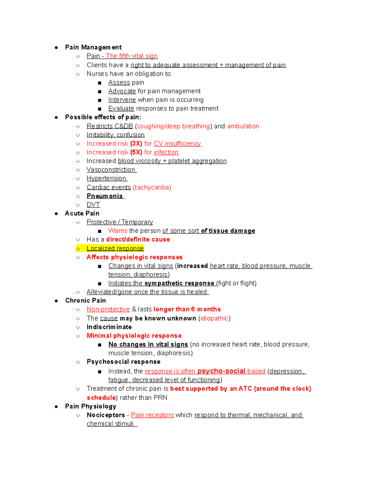 Clinical Bases - Ex 3 - Lecture notes 1-5 - Pain Management Pain - The ...