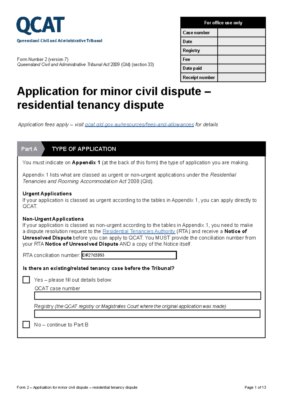 QCAT Form 2: Application for Minor Civil Dispute in Tenancy - Studocu