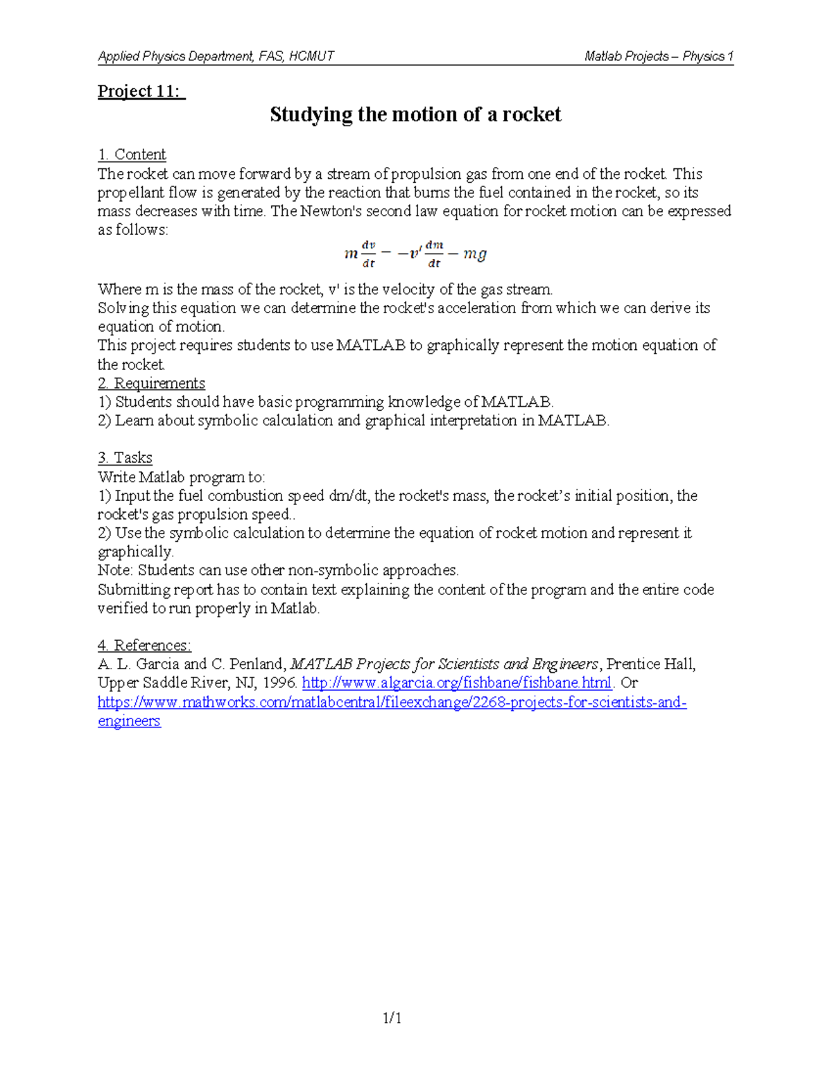 Project 11: Rocket Motion Analysis Using MATLAB in Physics 1 - Studocu