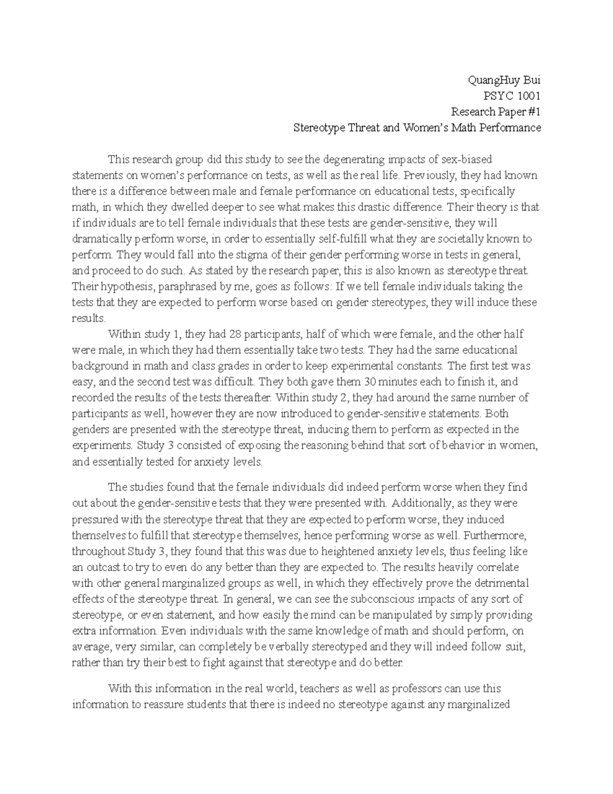 Psychology Research Paper - QuangHuy Bui PSYC 1001 Research Paper ...