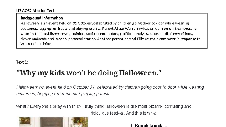 U2 AOS2 Mentor Text: Halloween Celebration Insights and Opinions - Studocu