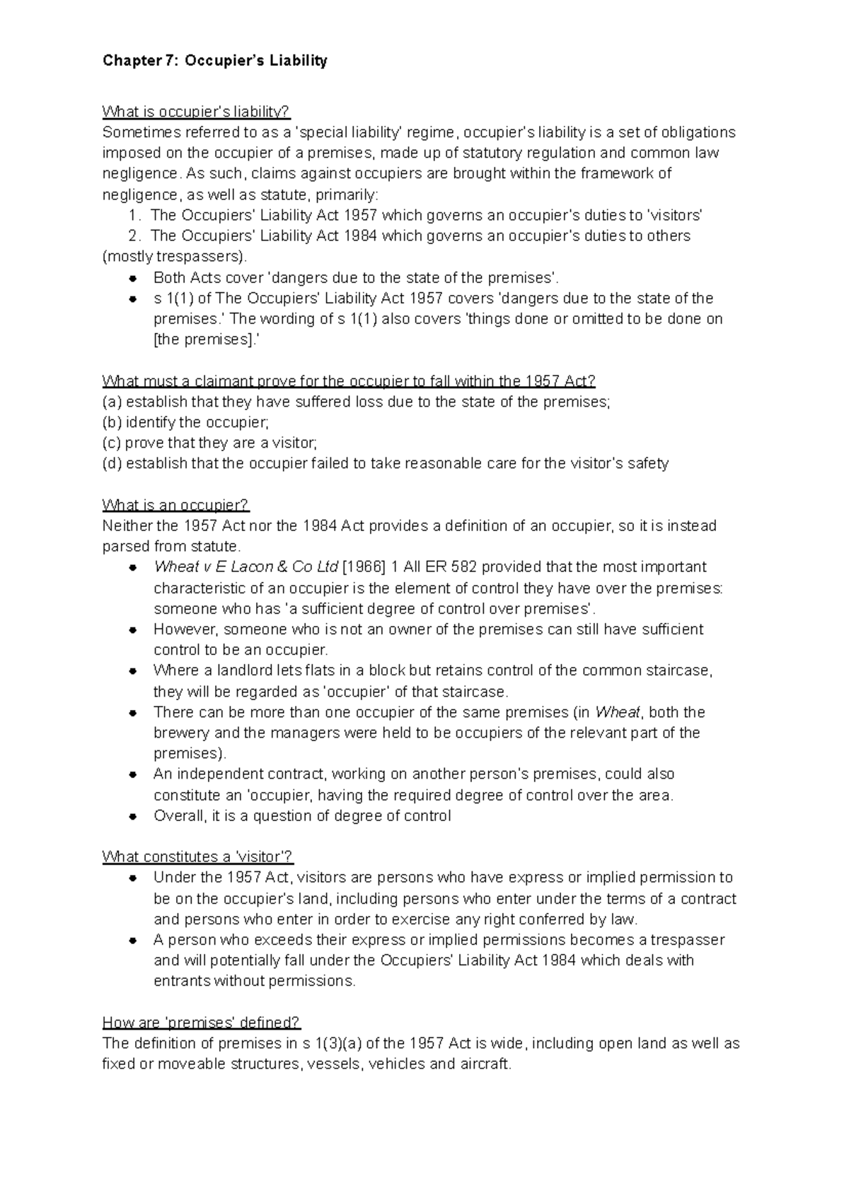 Chapter 7: Tort Law - Understanding Liability and Occupier's Duty - Studocu