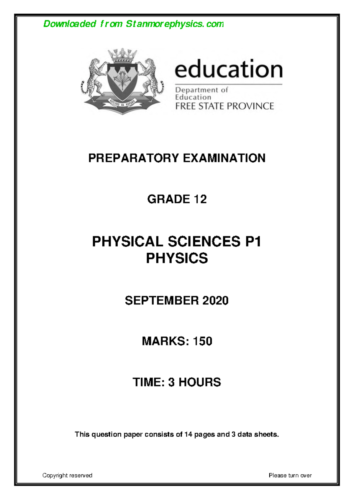 Physical Sciences P1 Prep Exam Memo September 2020 Studocu