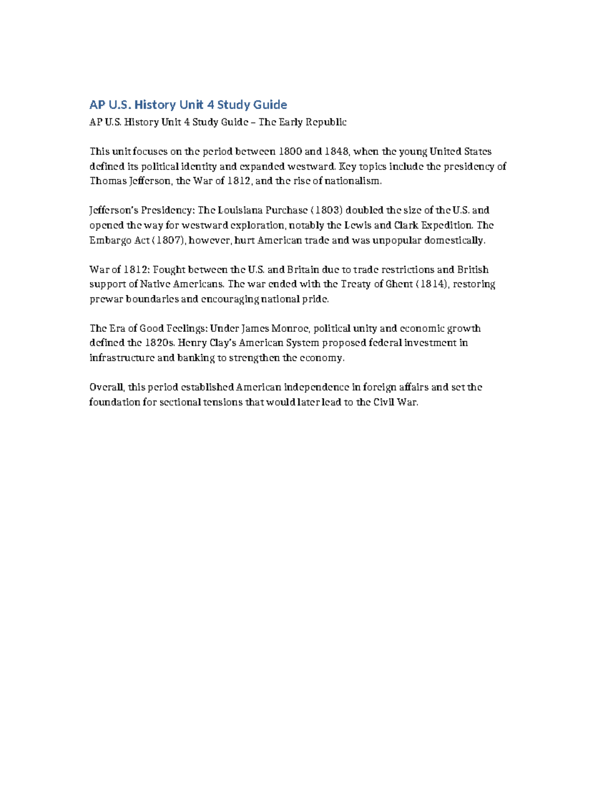 AP U.S. History Unit 4 Study Guide: The Early Republic (1800-1848 ...