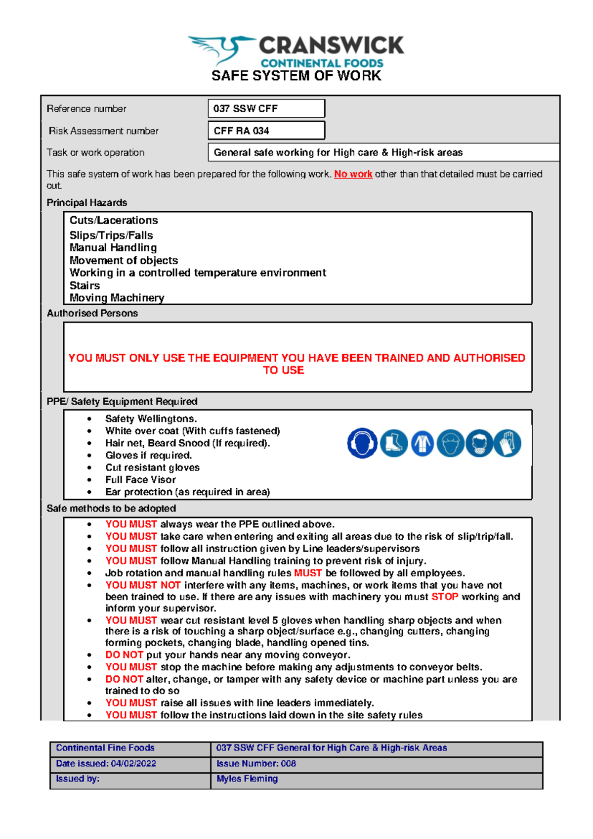 037 SSW CFF - General safe working in High care High risk - Continental ...