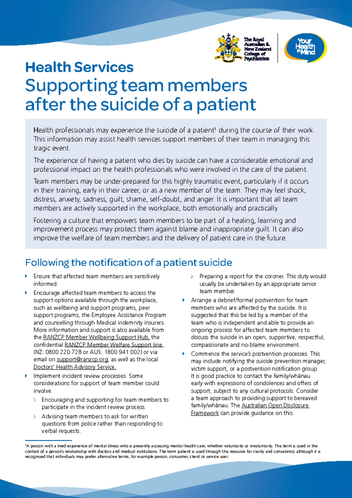 For health services supporting staff after patient suicide - Health ...