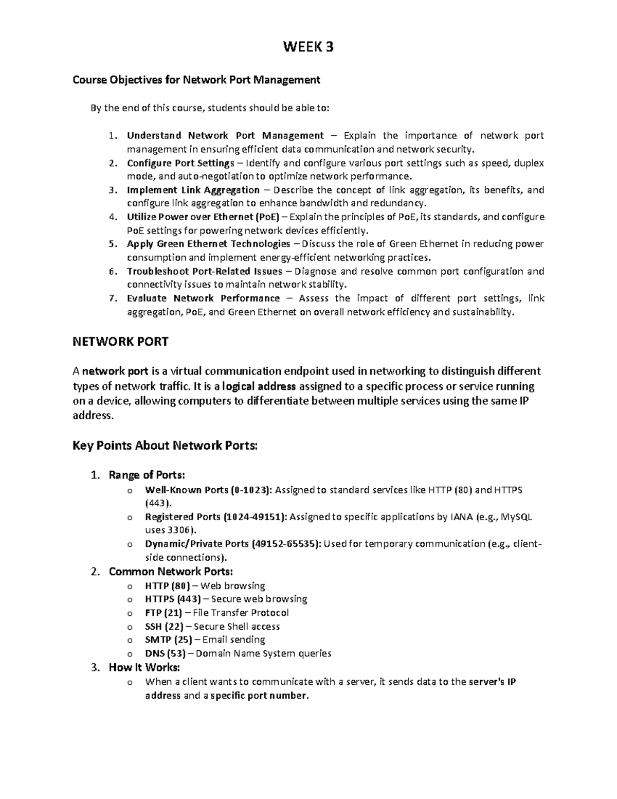 WEEK 3 - Ntwork Mgt - notes - WEEK 3 Course Objectives for Network Port ...