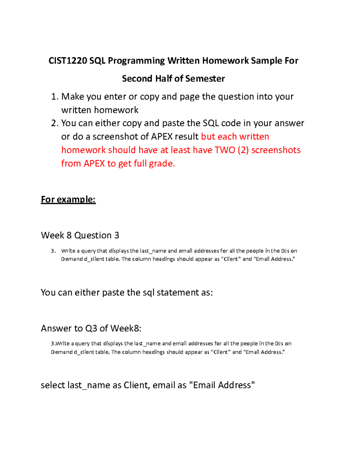 Cist1220 Sql Programming Homework Sample With Apex Screenshots Studocu