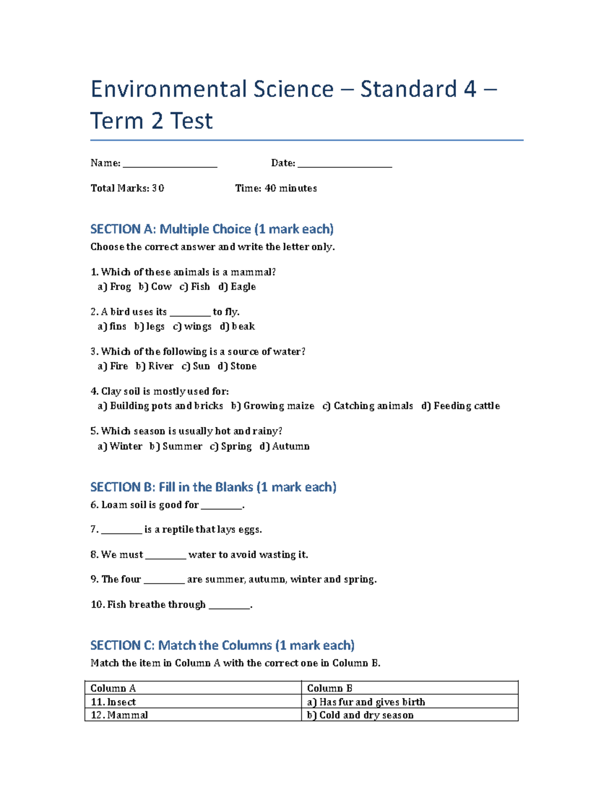 Standard 4 Environmental Science Term 2 Test Questions - Studocu