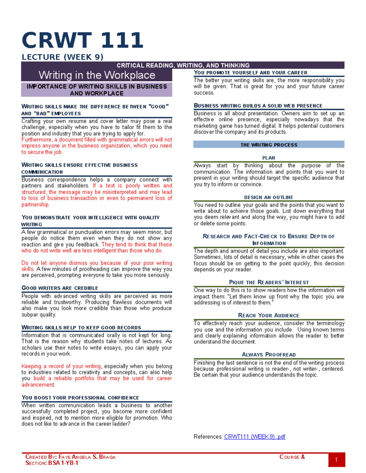 CRWT 111 WEEK 9 - Critical Reading Writing and Thinking - CRWT 111 ...