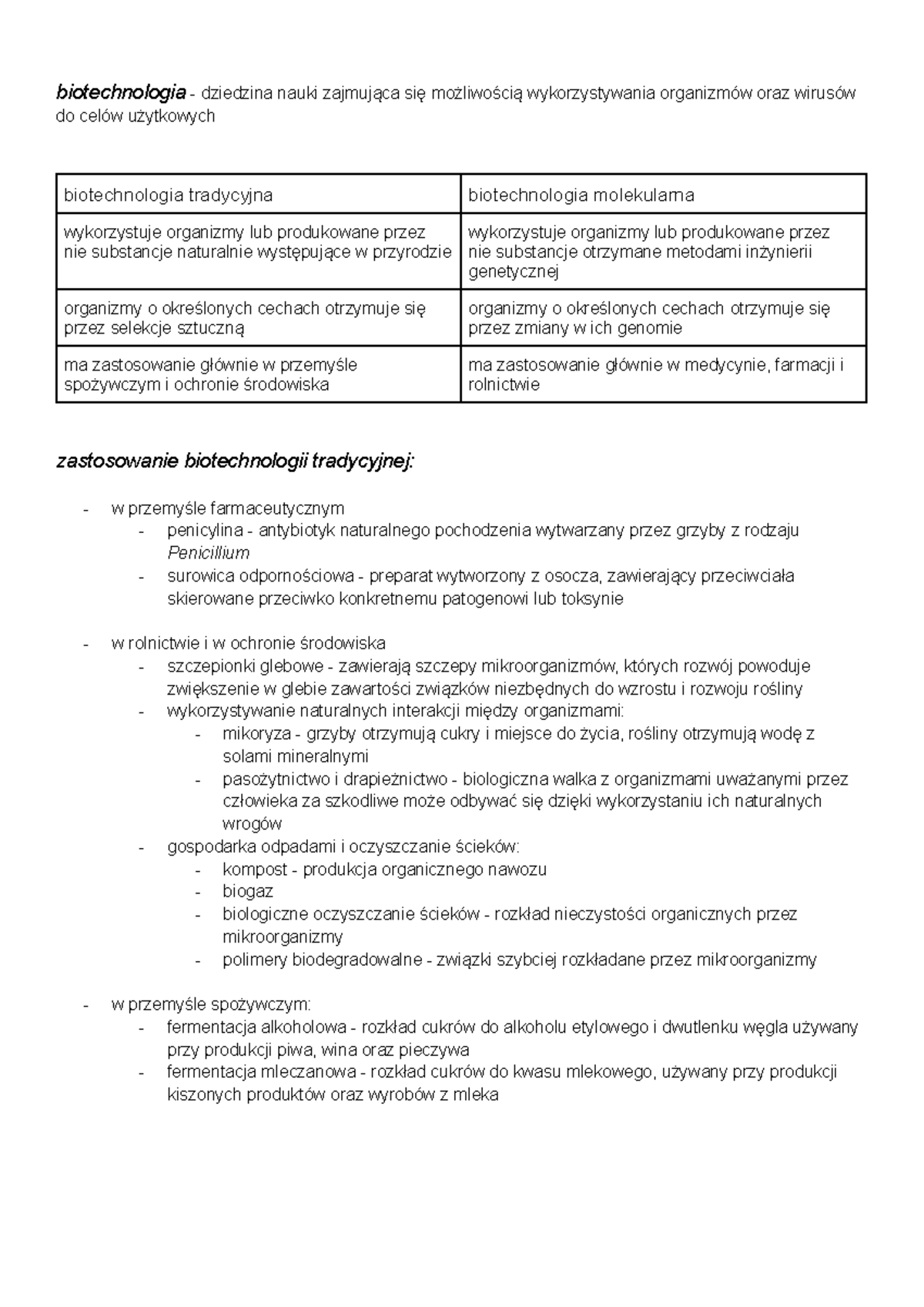 Biotechnologia - Notatki o tradycyjnej i molekularnej biotechnologii