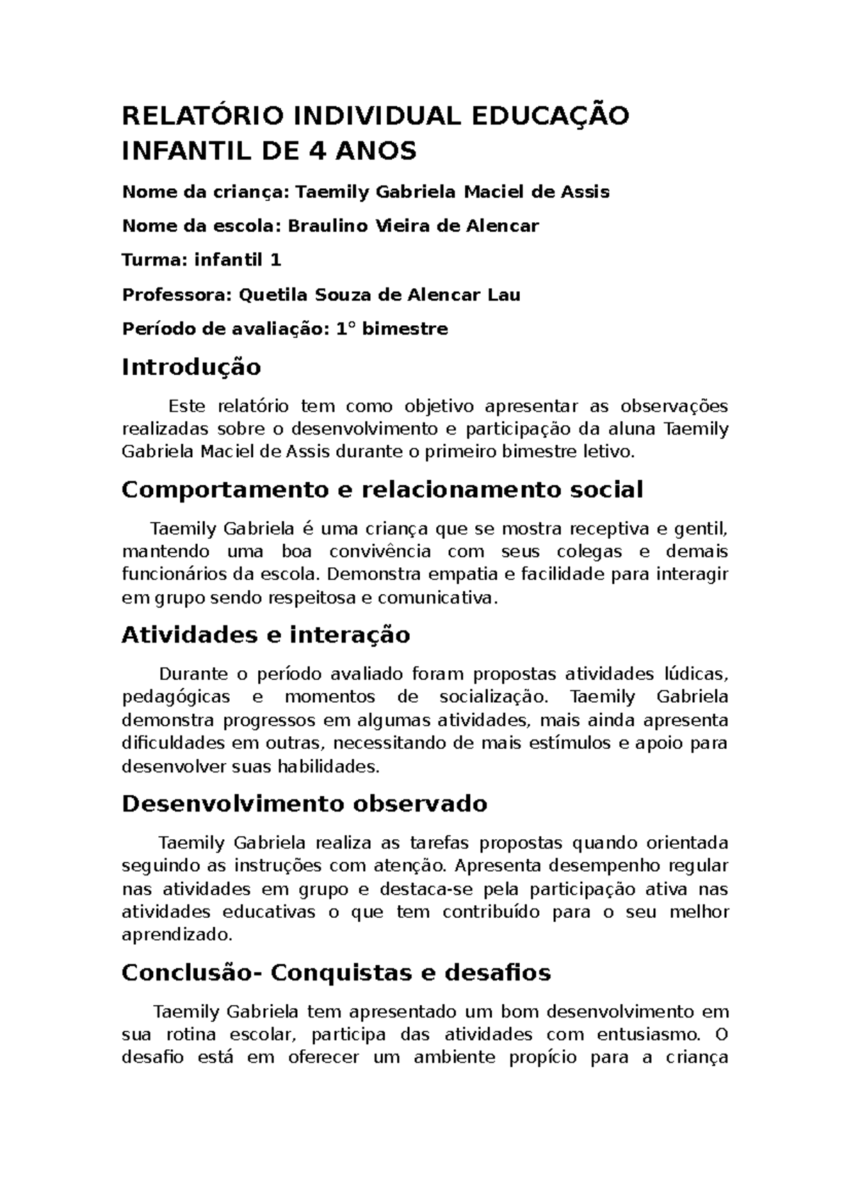 Relatório Individual de Desenvolvimento - Educação Infantil 4 Anos ...