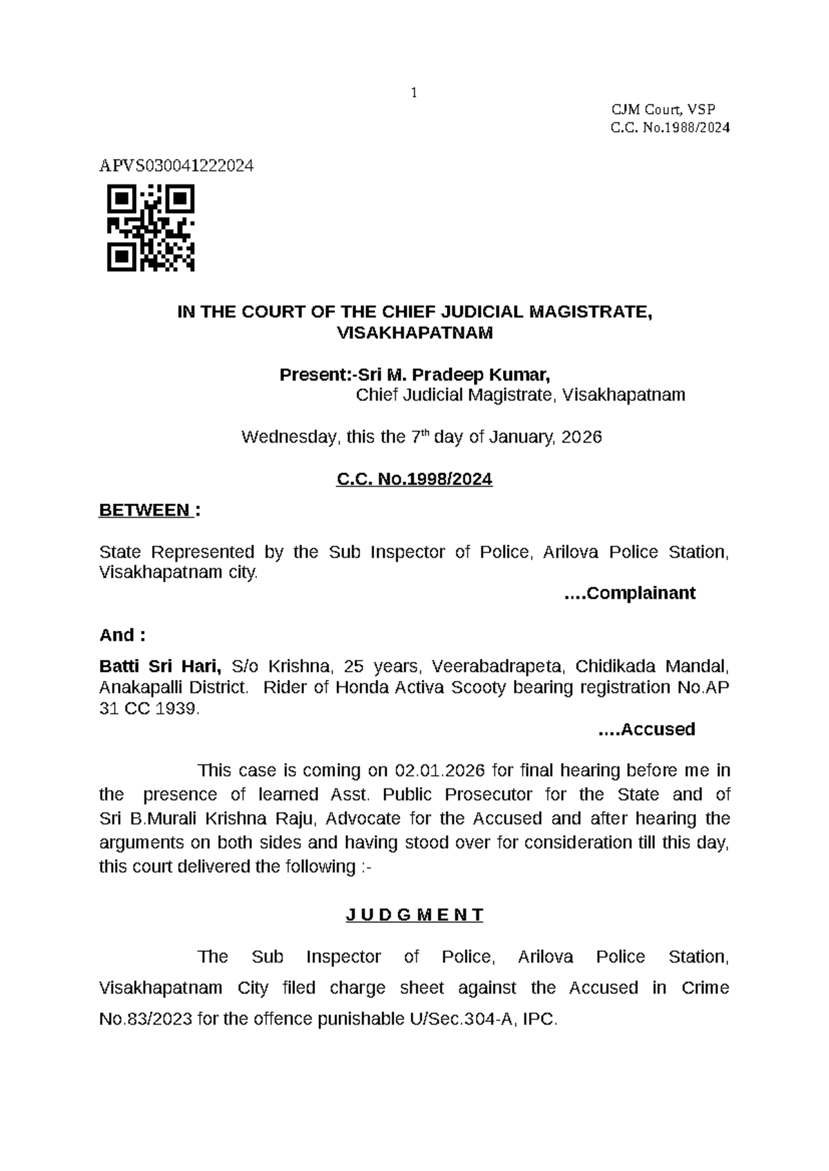 CJM Court, VSP C.C. Judgment on Road Fatal Incident Case - 07 Jan 2026 ...