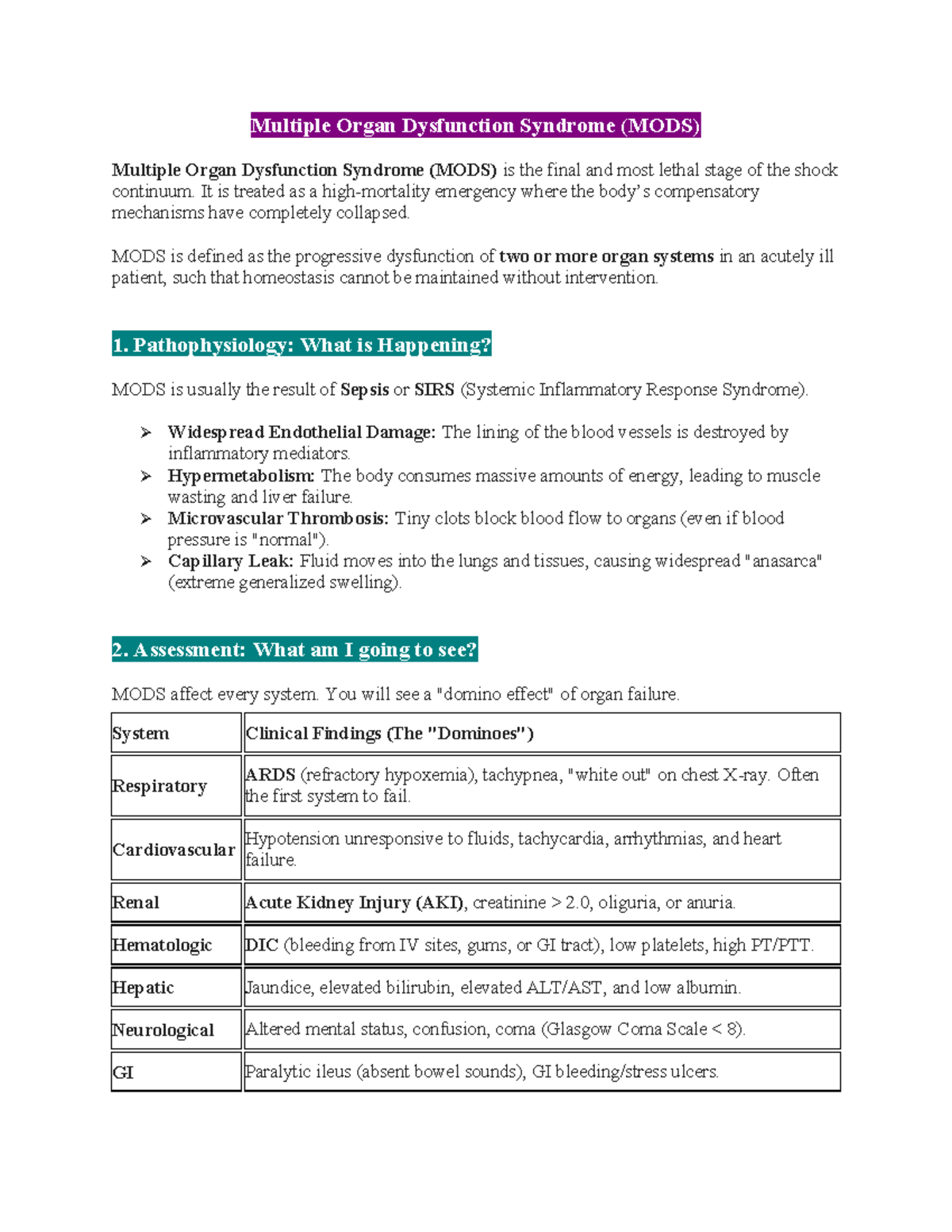 MODS Overview: Pathophysiology and Nursing Management - Studocu
