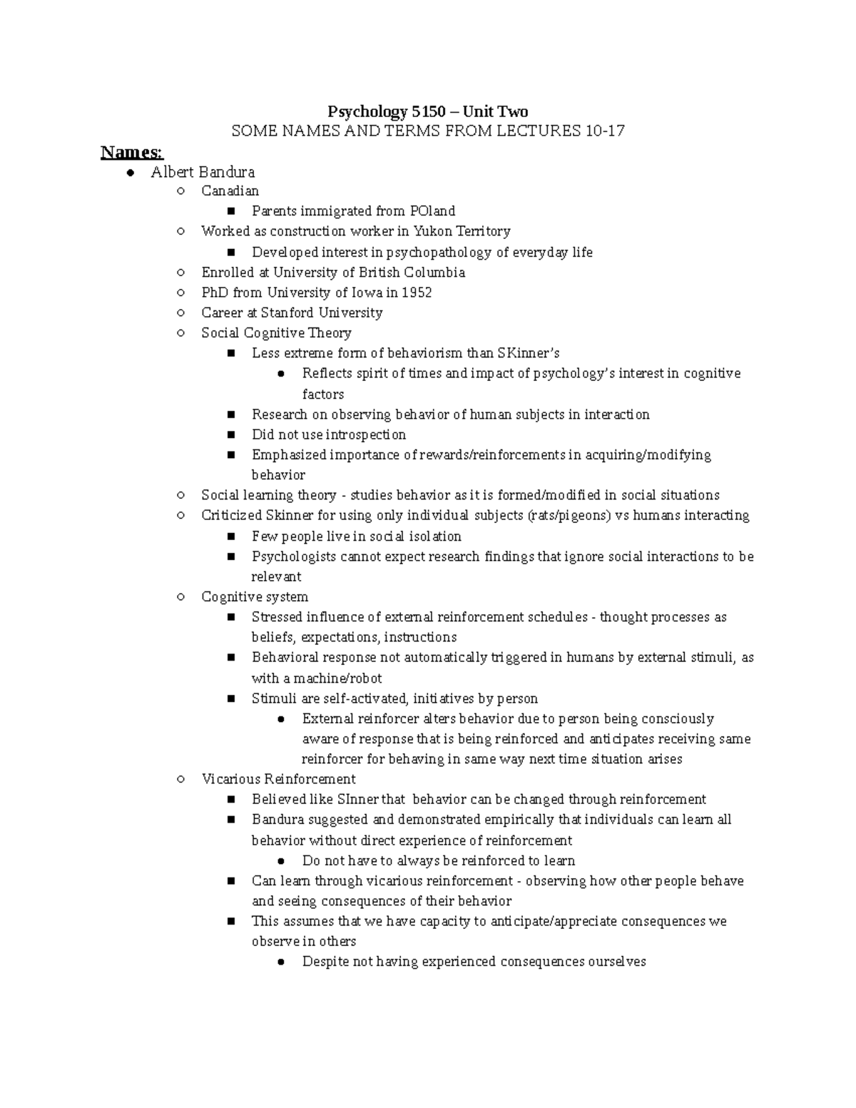 Psychology 5150 - Unit 2 Review: Key Figures and Concepts - Studocu