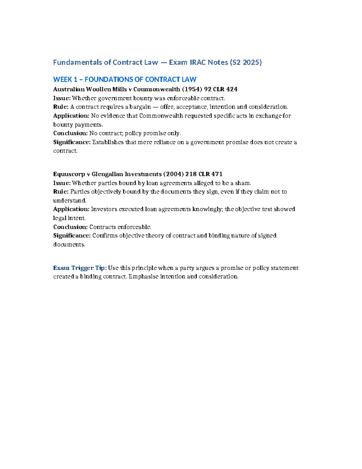 Fundamentals of Contract Law Exam IRAC Notes (S2 2025) - Studocu