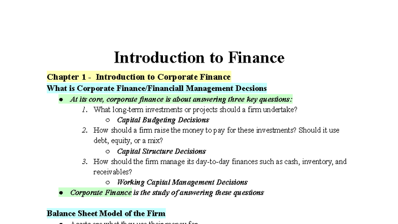 2FA3 - Introduction to Finance - Introduction to Finance Chapter 1 ...