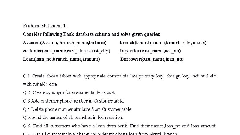 DBMS Problem Statement: Bank Database Queries and Operations - Studocu