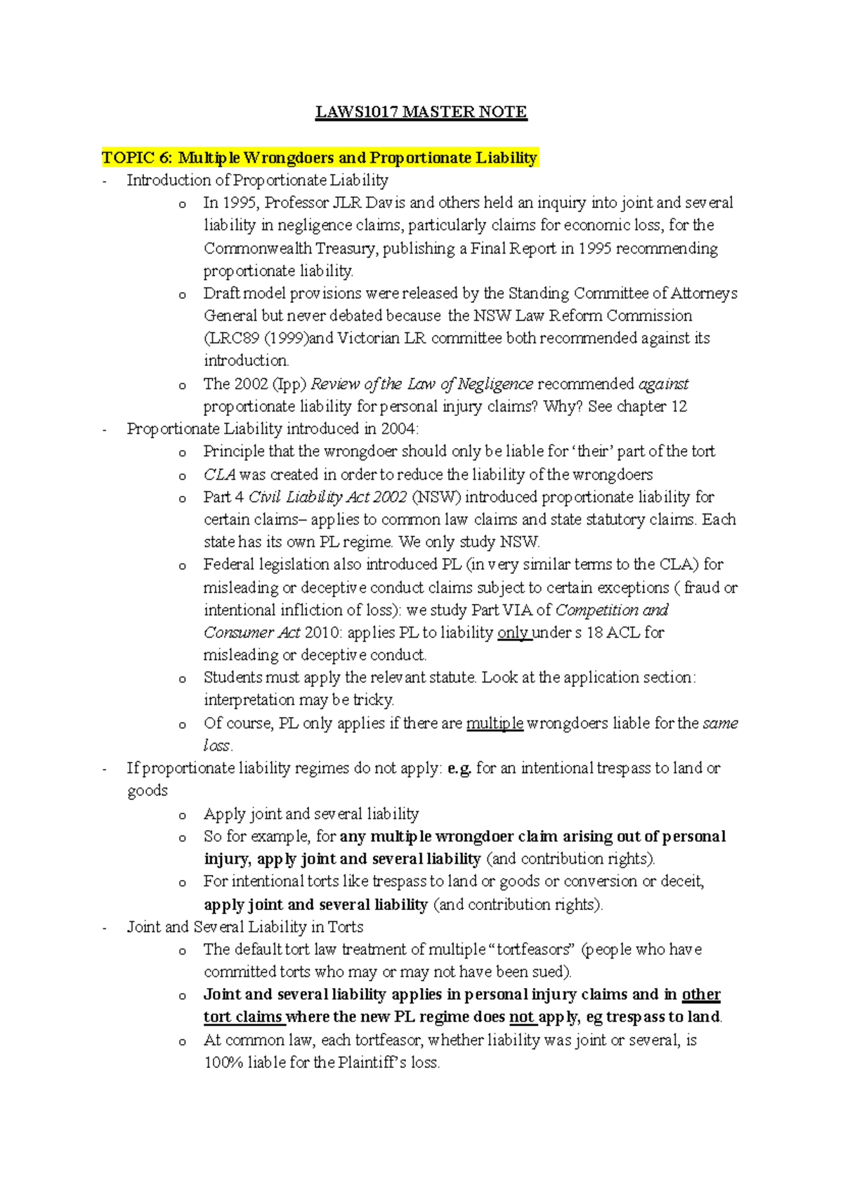 LAWS1017 Master Notes: Final Exam on Proportionate Liability and Torts ...