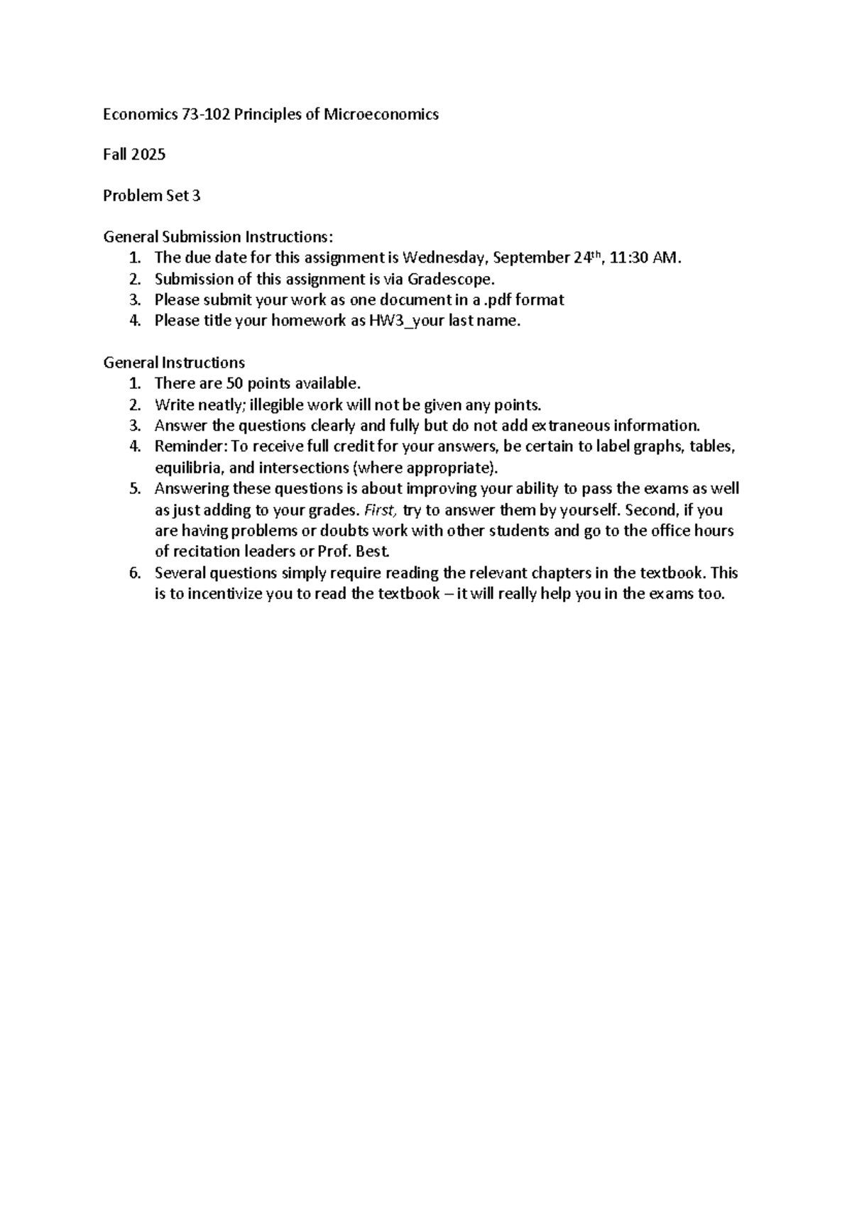 HW3 73102 F25 - Microeconomics Problem Set 3 Instructions - Studocu