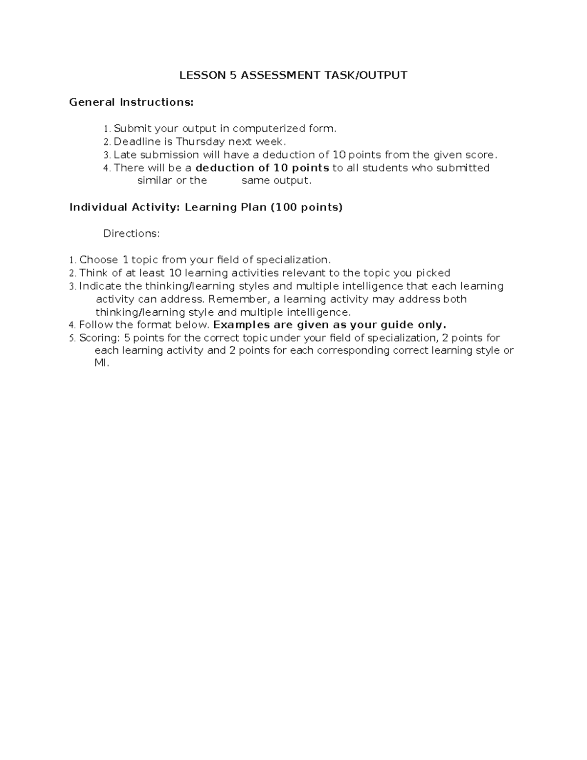 ProfEd2: Lesson 5 Assessment - Learning Plan Activities - Studocu