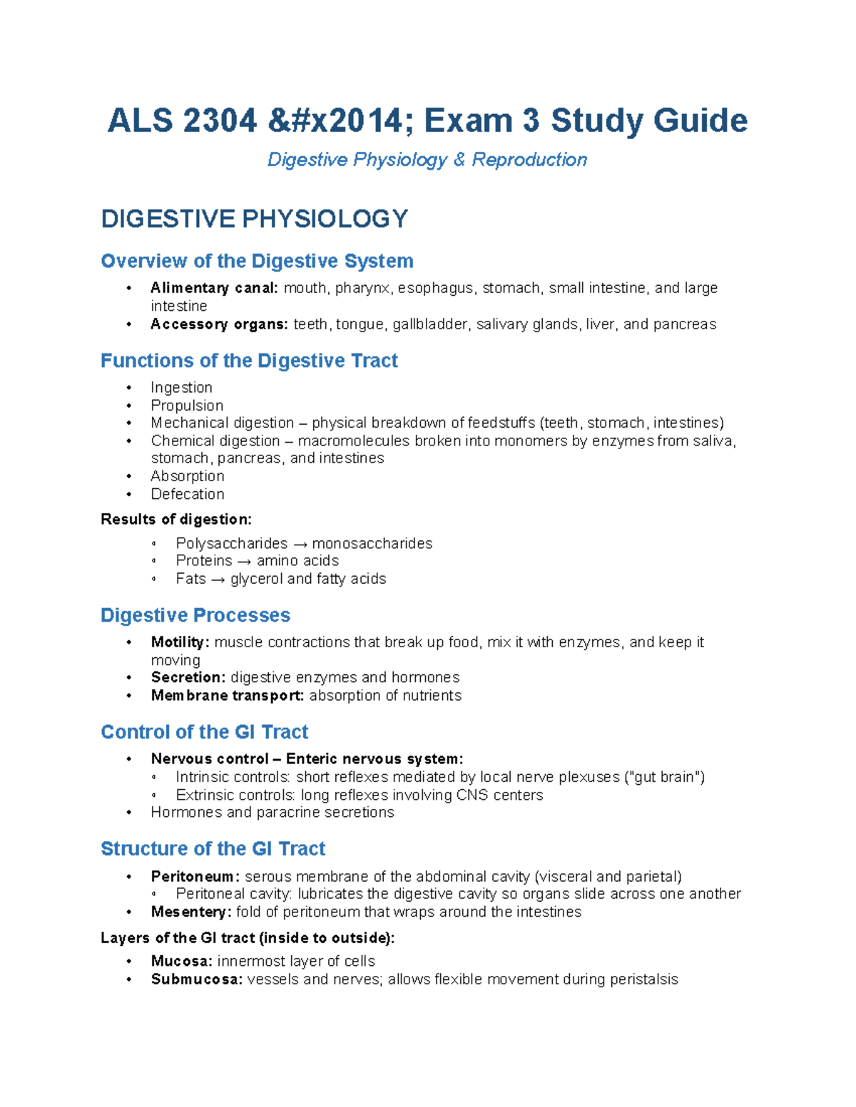 ALS 2304 Exam 3 Study Guide: Digestive & Reproductive Physiology - Studocu
