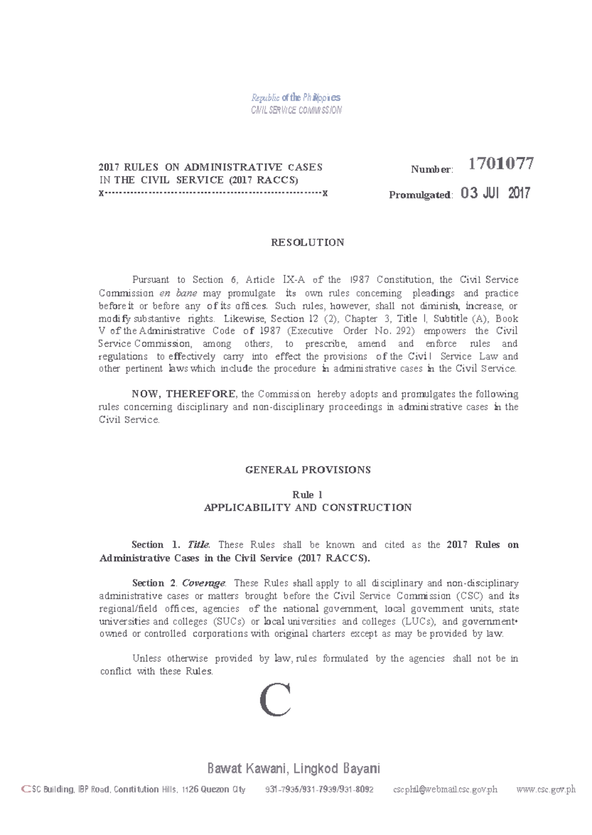 2017 RACCS: Rules on Administrative Cases in the Civil Service - Studocu
