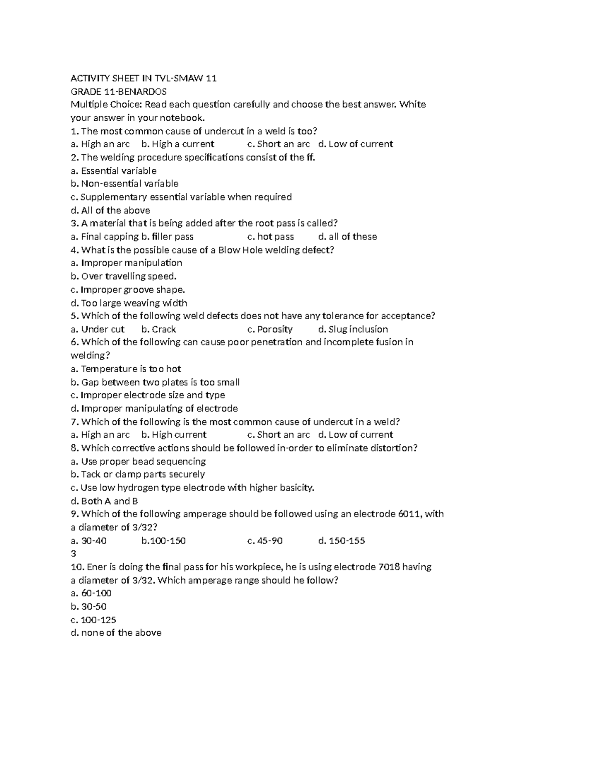Activity Sheet IN TVL - SMAW - ACTIVITY SHEET IN TVL-SMAW 11 GRADE 11 ...