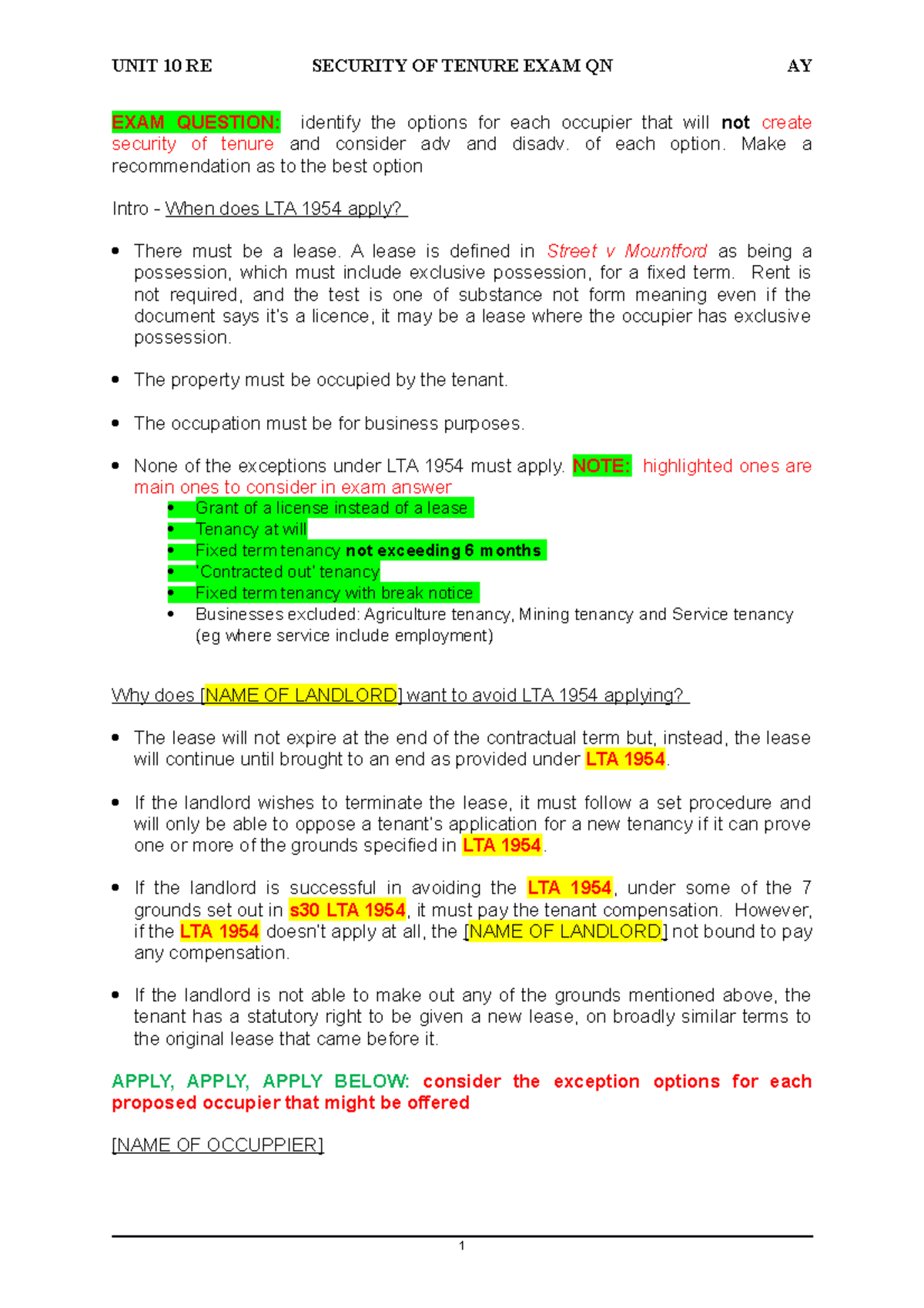 Real Estate Unit 10 Security of Tenure Exam Q&A Analysis - Studocu