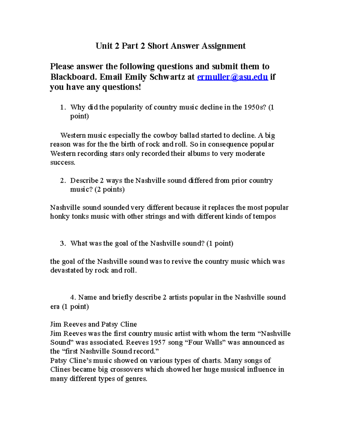 MSU 1 Country Music Unit 2 Part 2 Short Answer Assignment - Studocu