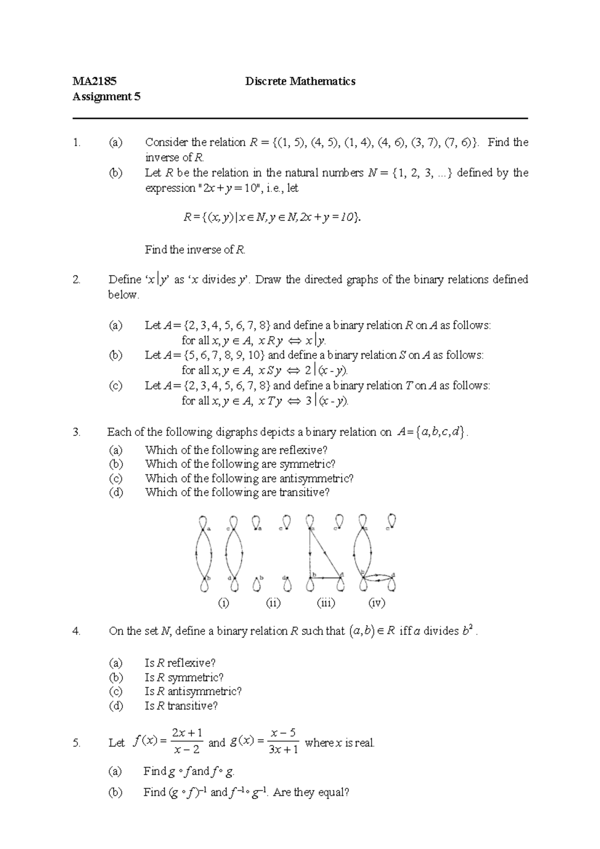 MA2185 Discrete Mathematics Assignment 5: Relations and Graphs - Studocu