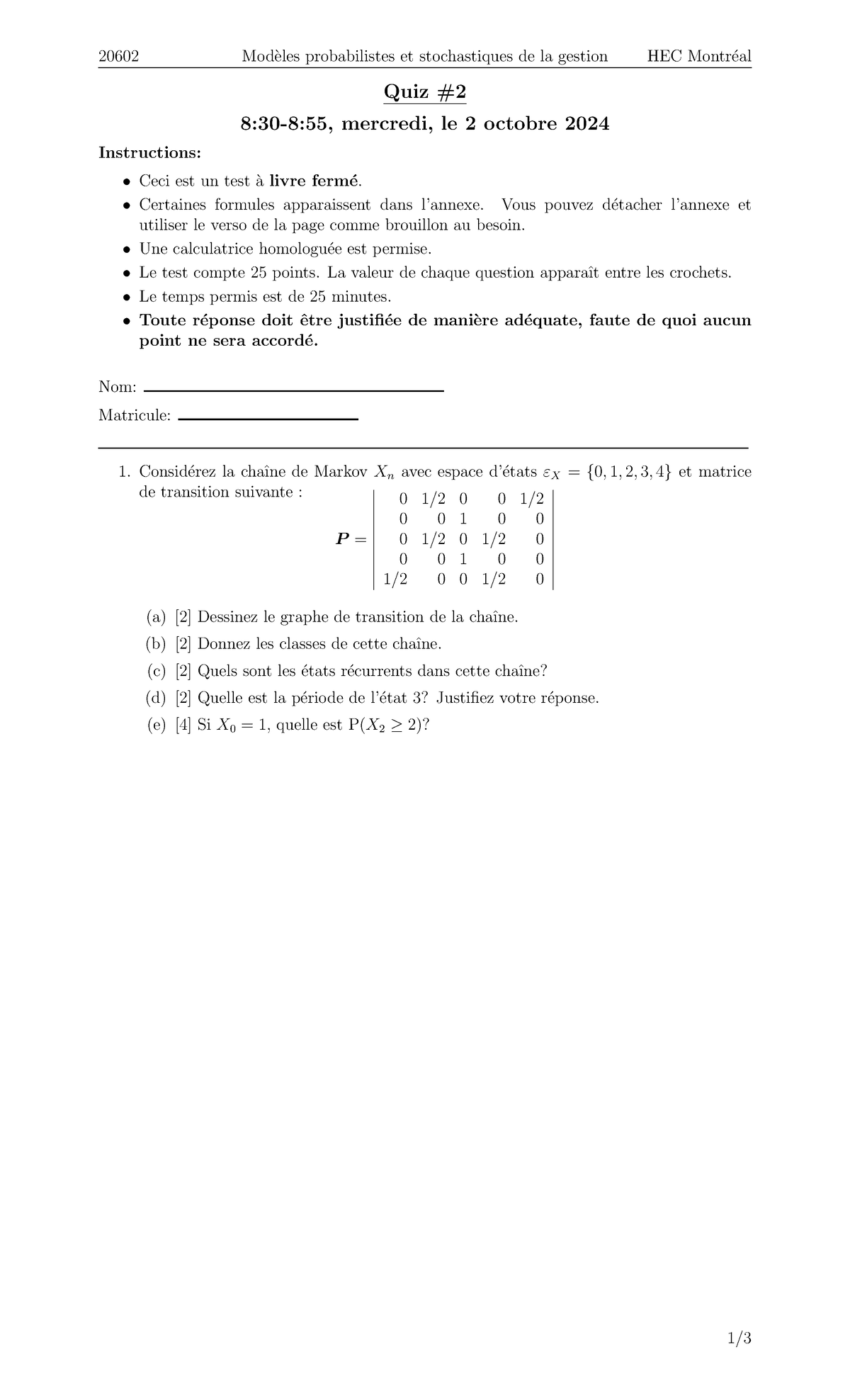 Quiz 20602: Probabilistes et Stochastiques HEC - 2 Octobre 2024 - Studocu