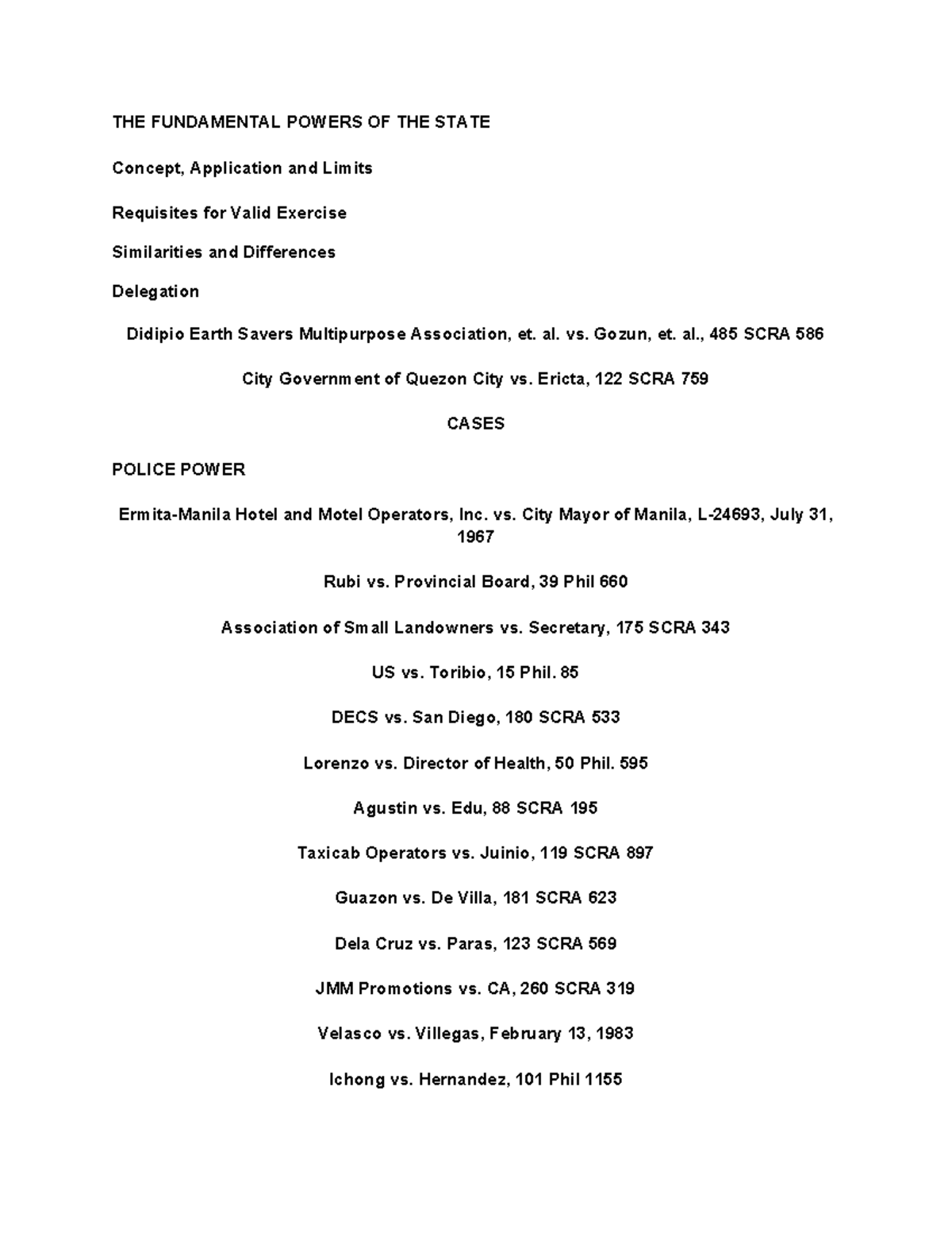 Consti II Case List: Fundamental Powers of the State and Key Cases ...