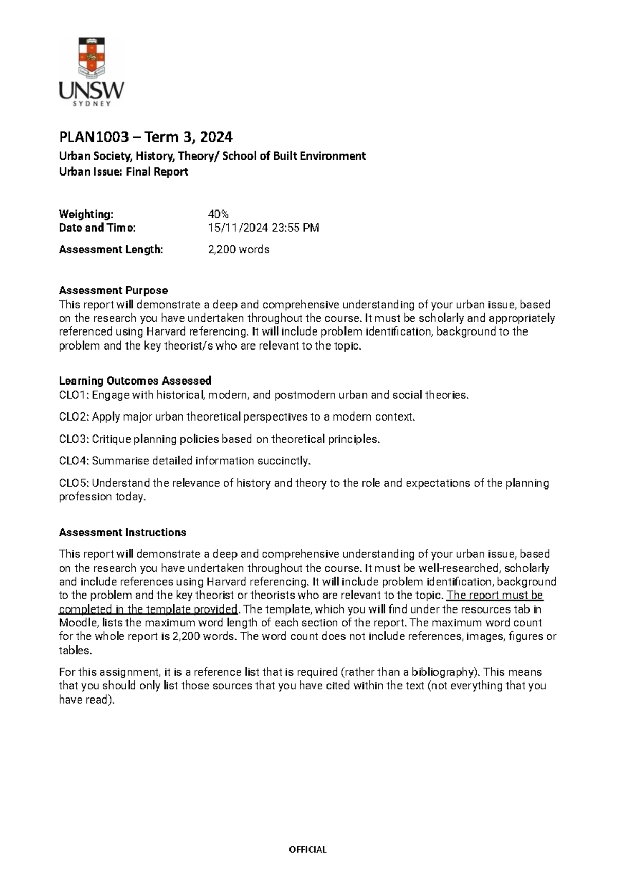 PLAN1003 Urban Issue Final Report Assessment Guide and Template - Studocu