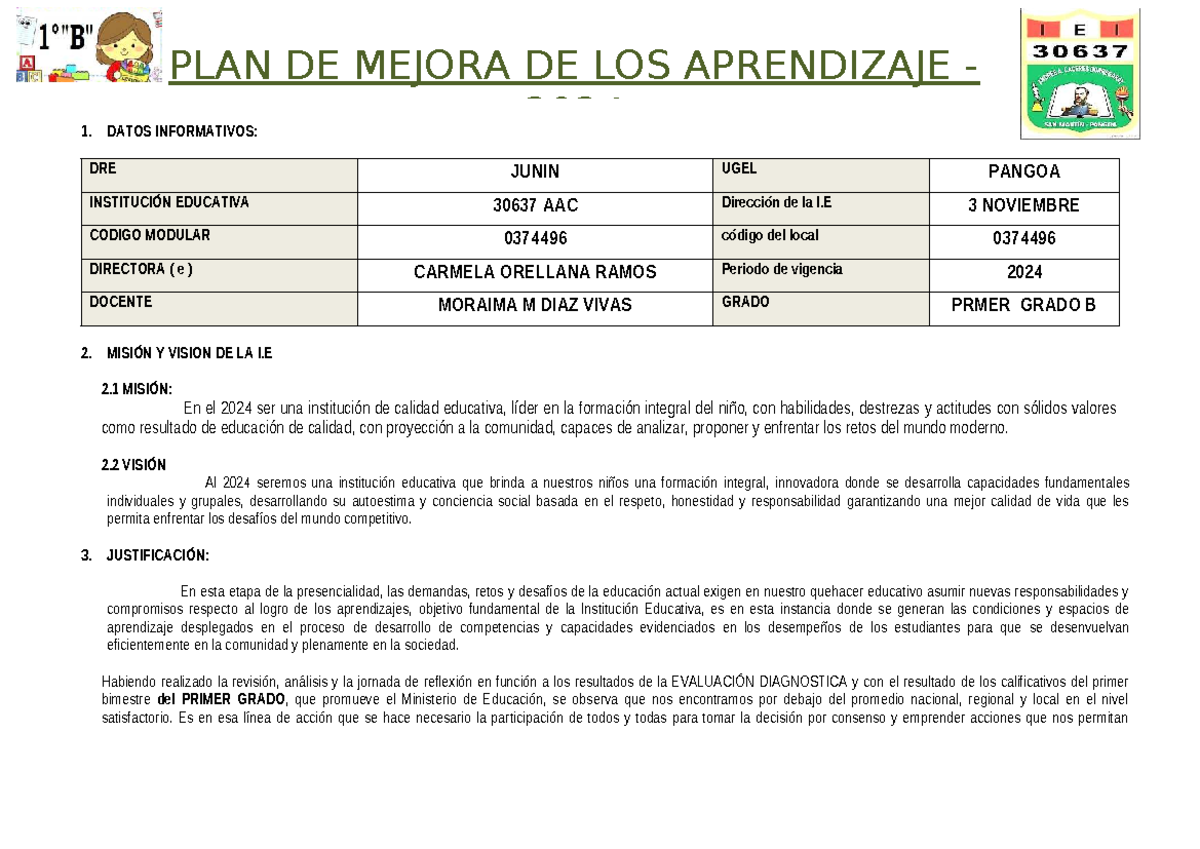 Plan de Mejora de Aprendizajes - Primer Grado IE 30637 - 2024 - Studocu