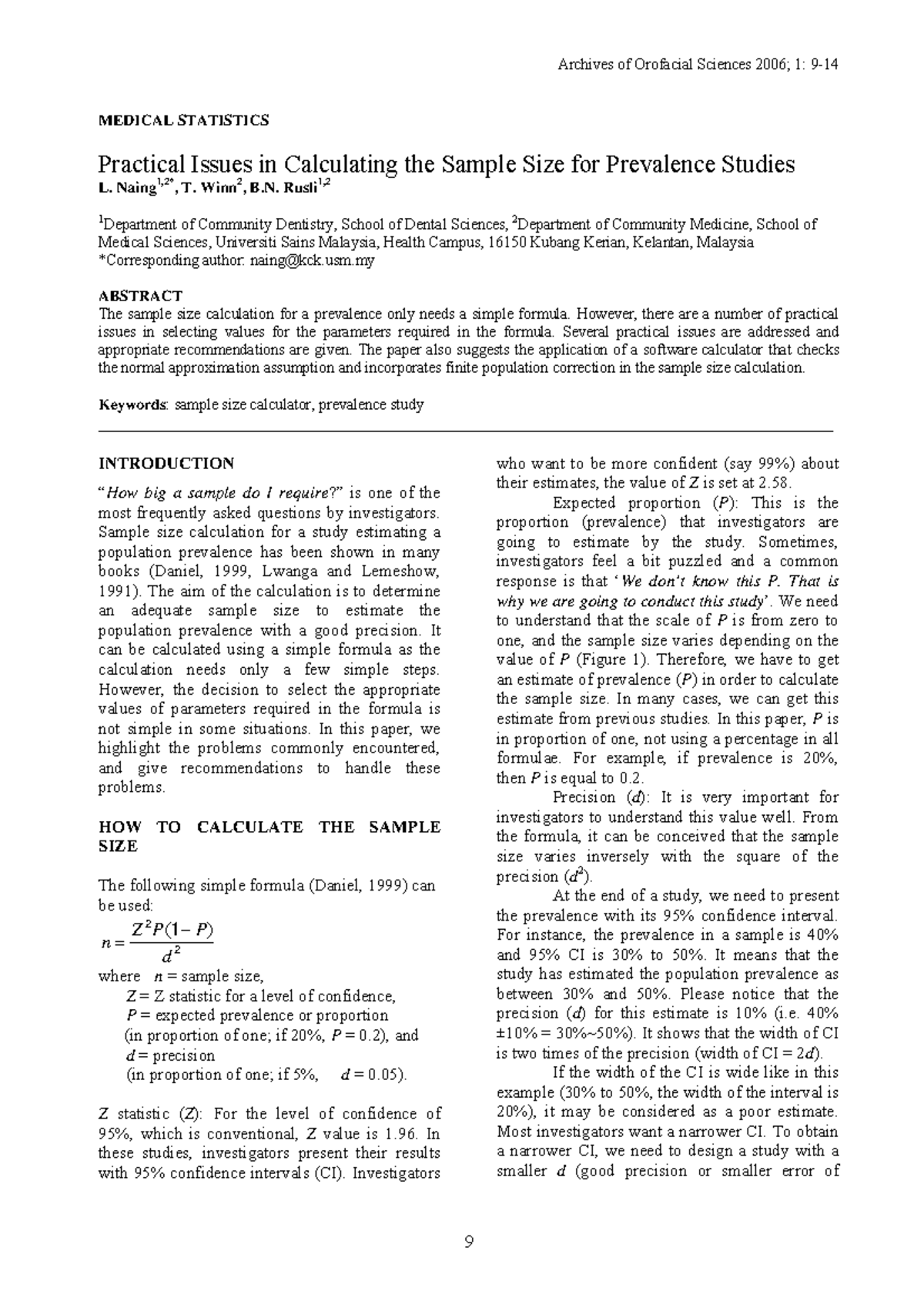 Practical Issues of Sample Size Calculation in Prevalence Studies - Studocu