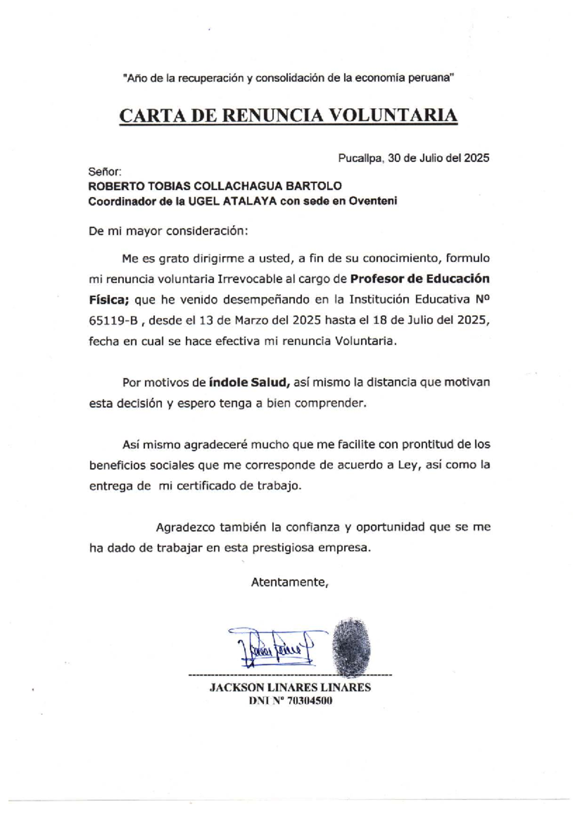 Carta de Renuncia Voluntaria - Profesor de Educación 2025 - Document Preview