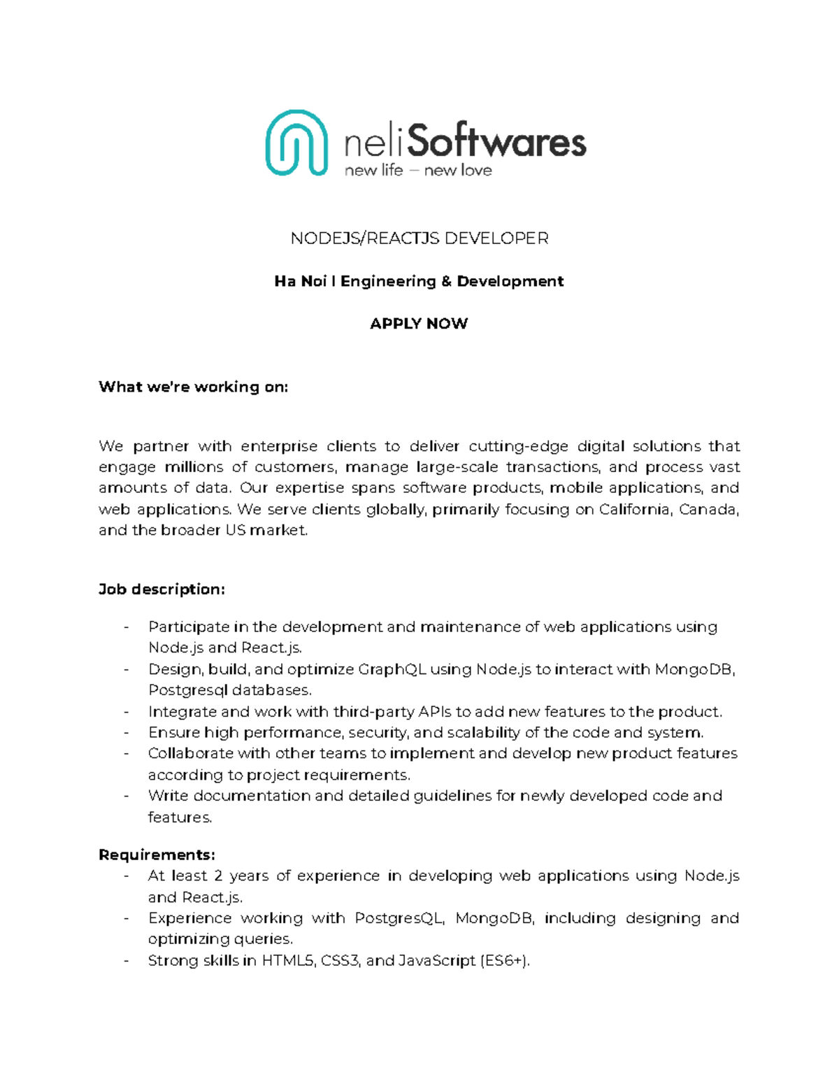 Fullstack Developer JD: Node.js & React.js Role in Ha Noi - Studocu