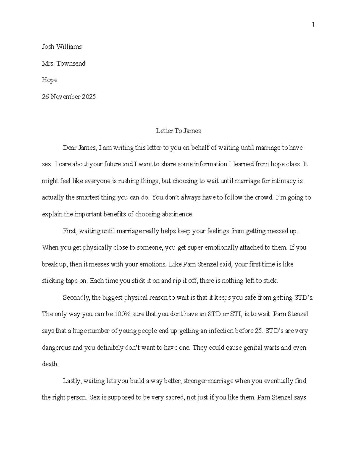 Letter on the Benefits of Waiting Until Marriage - Hope Class - Studocu