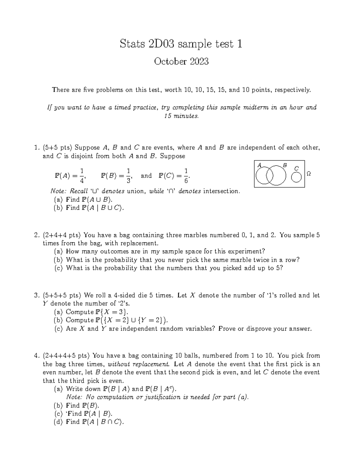 Stats 2D03 Sample Test 1 - October 2023 Practice Problems - Studocu