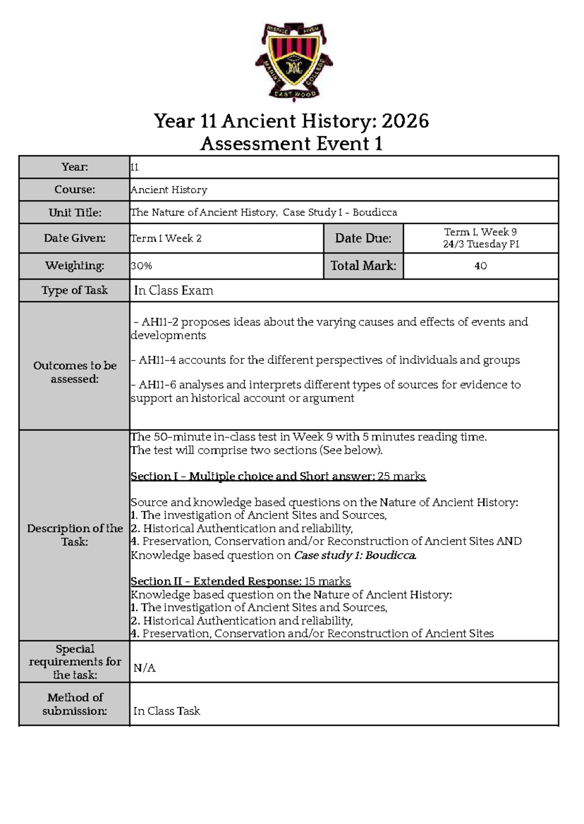Year 11 Ancient History: 2026 AE1 Case Study on Boudicca - Studocu