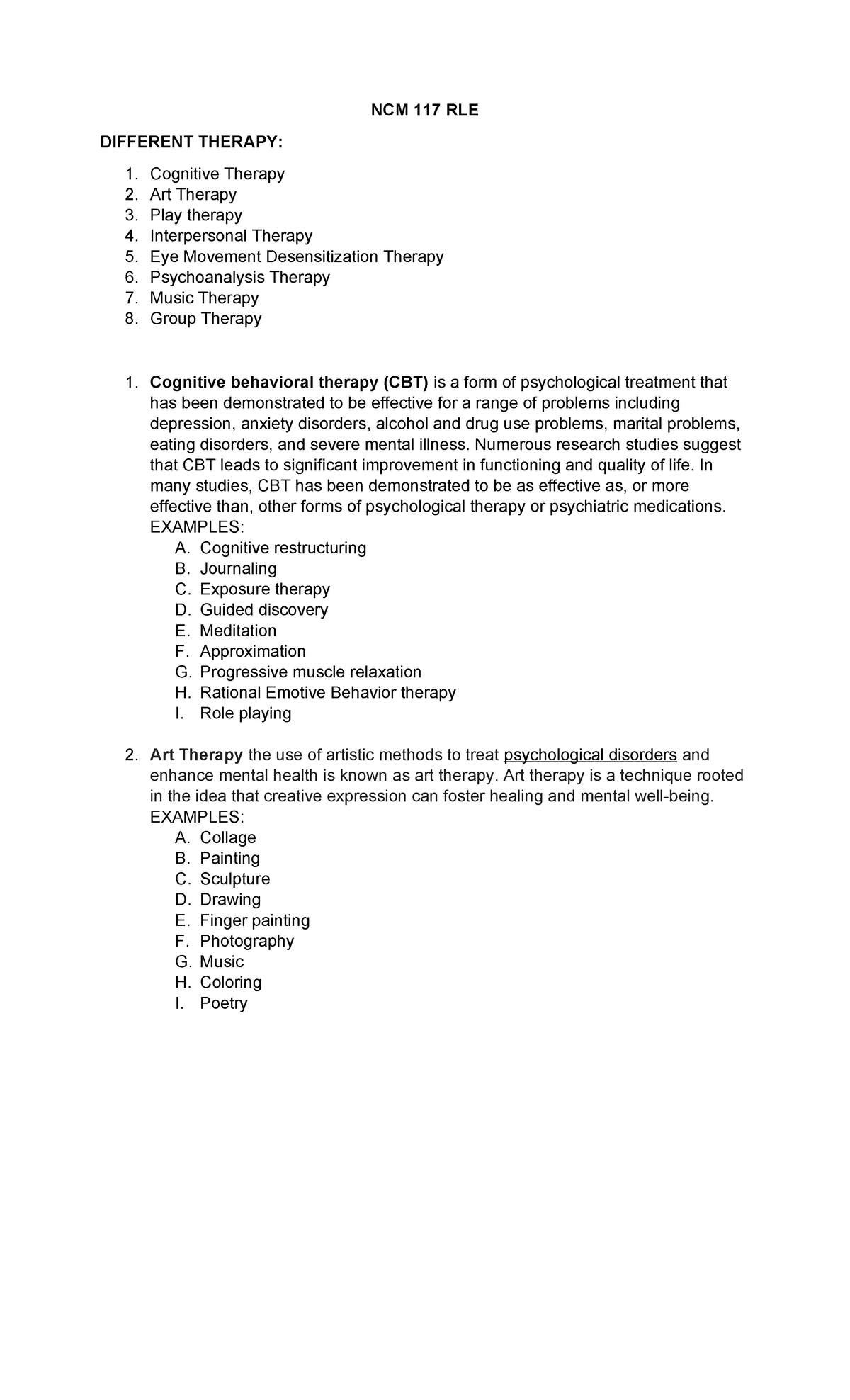 Different Therapy - Psychiatric Notes - NCM 117 RLE DIFFERENT THERAPY ...