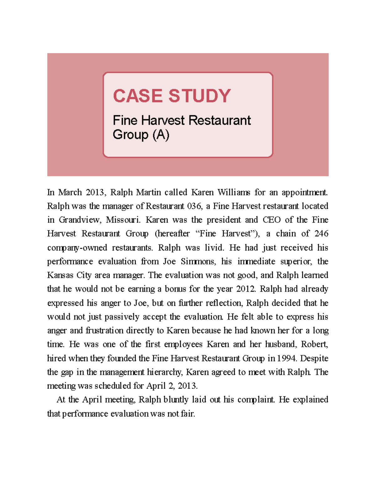 CASE STUDY: Performance Evaluation Challenges at Fine Harvest (A) - Studocu